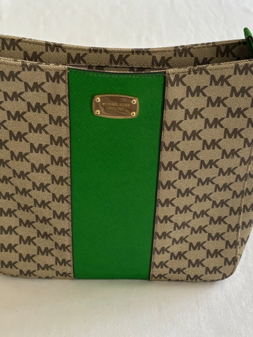 Michael Kors MK Signature Crossbody Shoulder Bag – Beige & Green – Gold Hardware